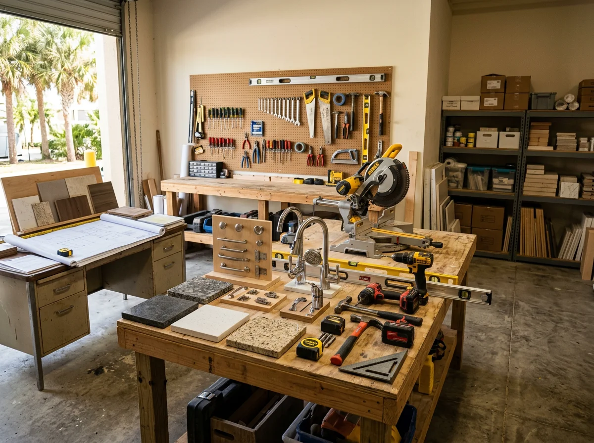 Kitchen and bathroom remodeling workspace with tools and materials ready for installation work.