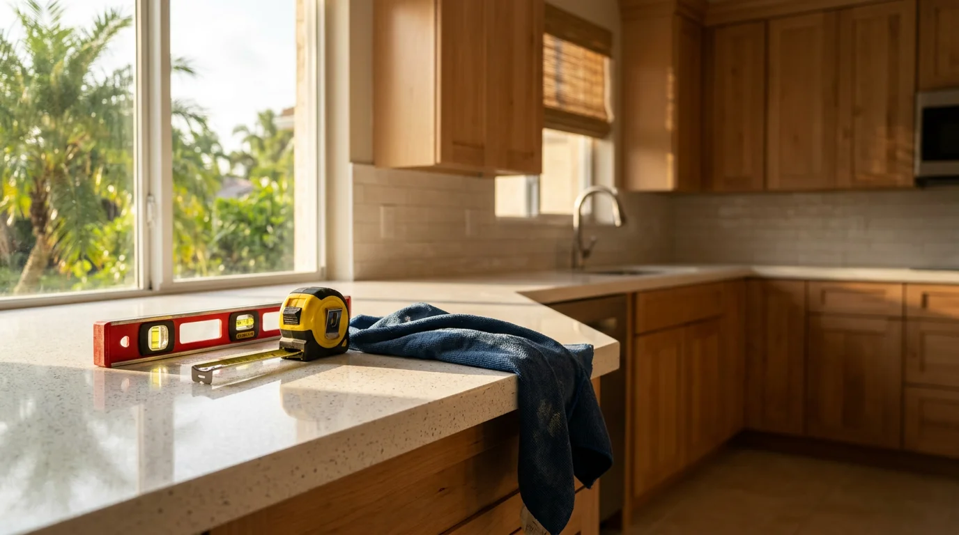 Installed countertop in kitchen with custom cabinetry