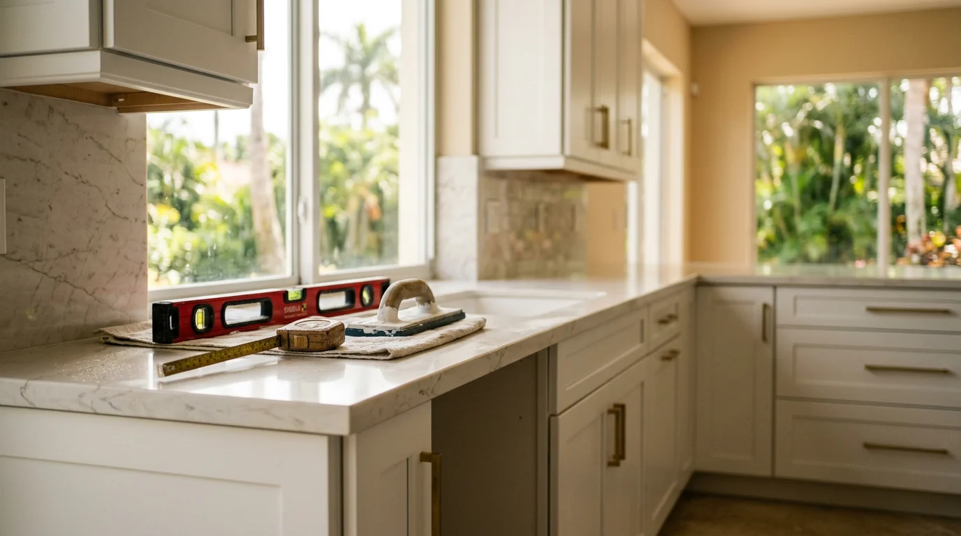 Custom kitchen with installed cabinets and countertops in West Palm Beach home