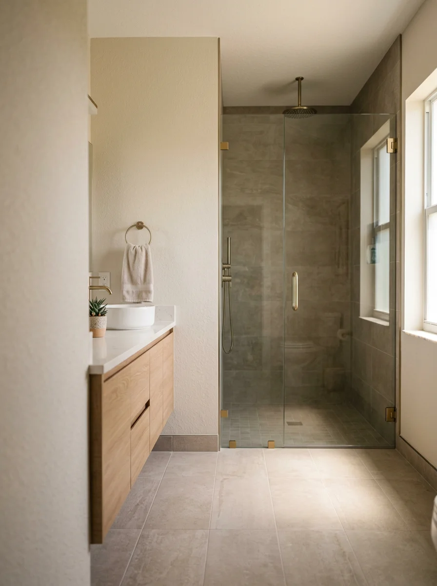 Finished bathroom remodel in a Jupiter coastal home showing large-format porcelain floor tile, a wall-mounted vanity, and a frameless glass shower enclosure.