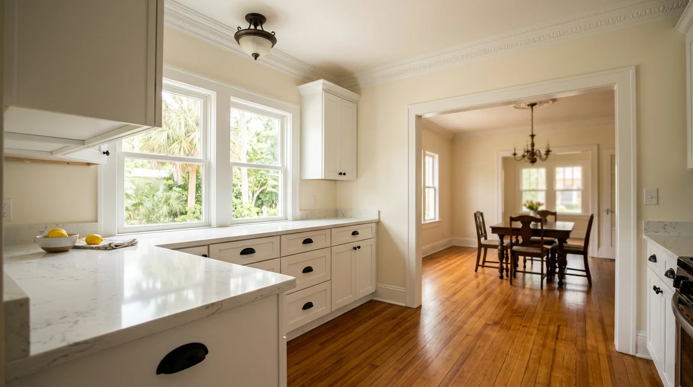 Freshly installed white shaker kitchen cabinets with quartz countertops inside a 1920s-era West Palm Beach home with original hardwood floors visible in the background.