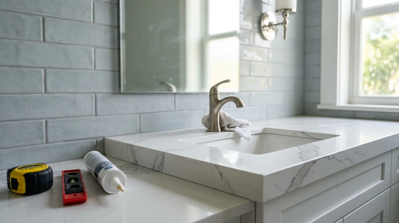 A finished bathroom vanity countertop installation in a West Palm Beach home, showing a clean stone surface with a fitted undermount sink cutout and sealed edges. The vanity sits in a bright bathroom with natural light highlighting the smooth, level surface.
