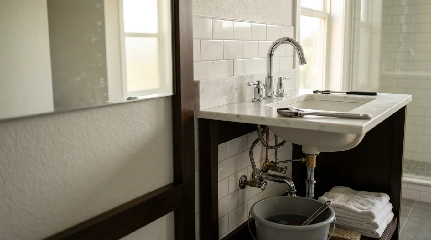 A newly installed bathroom faucet and matching fixtures on a white sink in a West Palm Beach home, with clean caulk lines and polished supply connections visible below the basin.