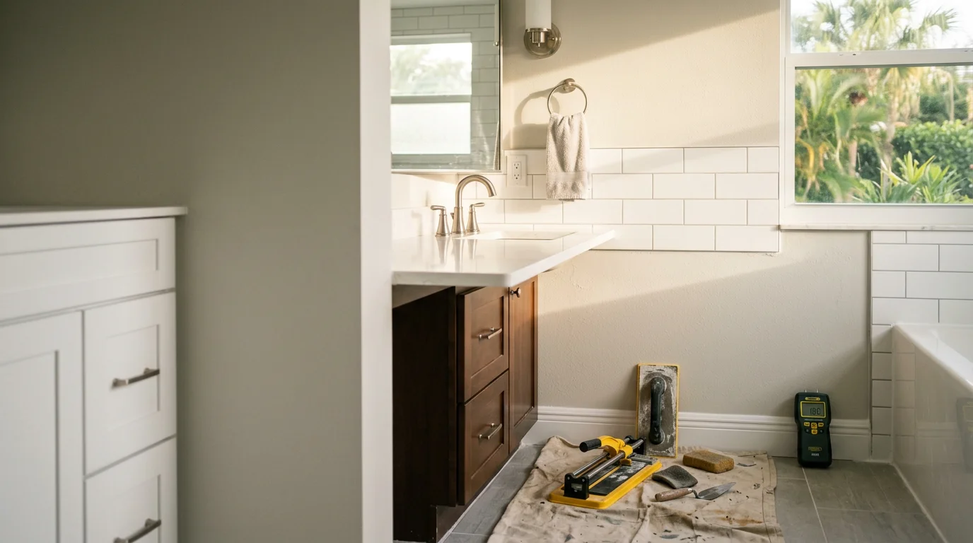 A refreshed bathroom interior in a West Palm Beach home showing updated wall surfaces, replaced fixtures, and clean tile work. The space reflects a targeted bathroom upgrade suited to South Florida's humid coastal climate.