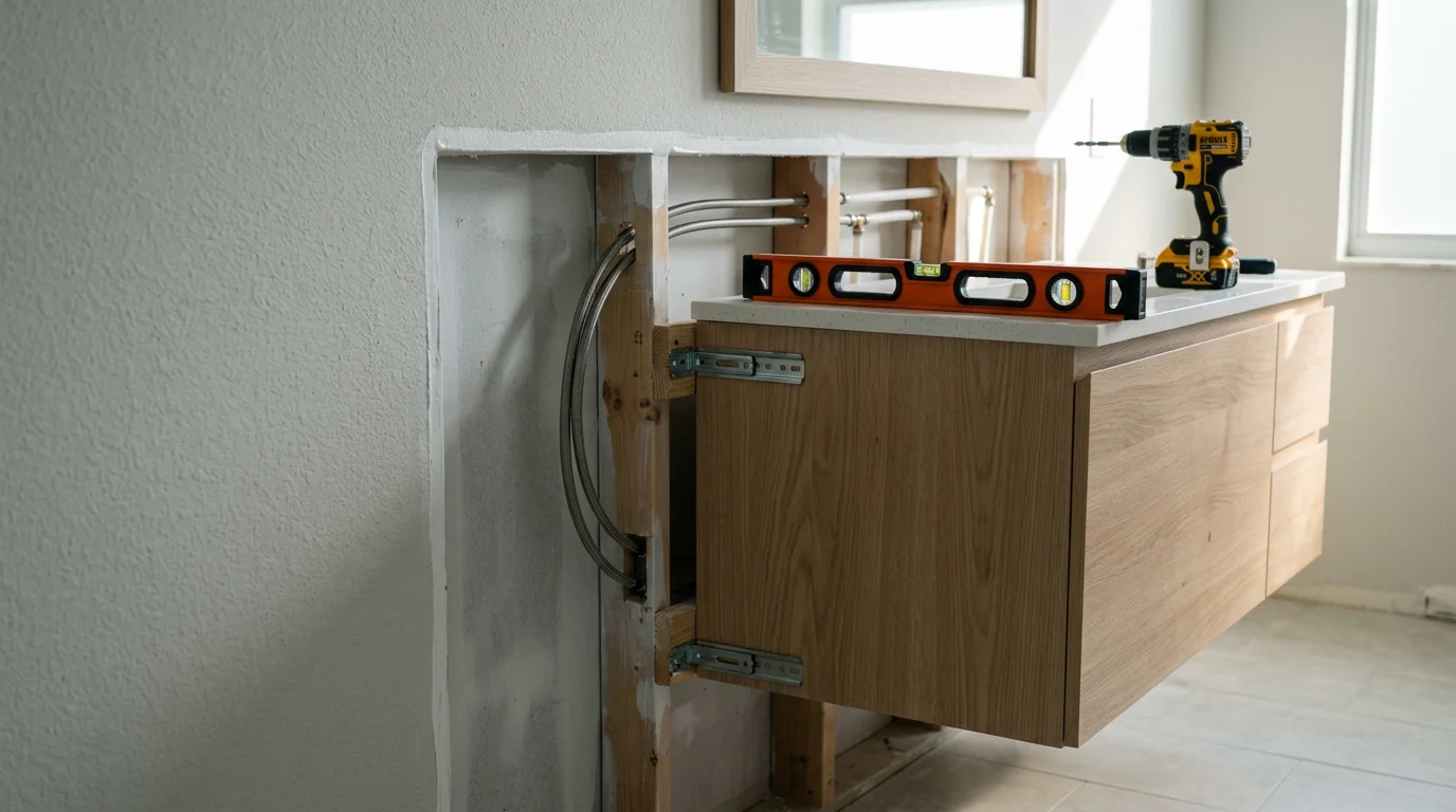 A newly installed bathroom vanity with a sink and cabinet in a West Palm Beach home, showing level cabinet placement and clean plumbing connections beneath the countertop.