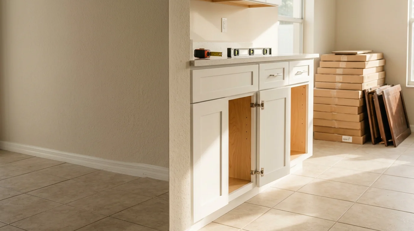 Newly installed kitchen cabinets replacing old units in a West Palm Beach home, showing clean lines, full upper and lower cabinet runs, and a finished kitchen interior.