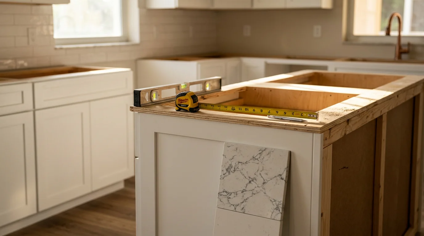 A freshly replaced kitchen countertop installed in a West Palm Beach home, showing a clean surface fitted to white cabinets with an undermount sink cutout. The finished surface reflects the bright natural light common in South Florida kitchens.
