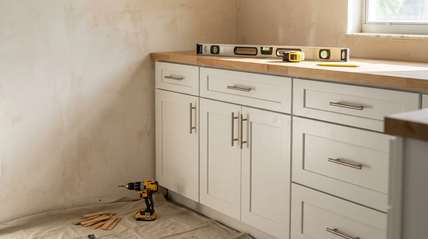 Newly installed custom kitchen cabinets in a West Palm Beach home, showing floor-to-ceiling cabinet runs fitted flush against the walls with no visible gaps. The kitchen features a clean, level layout suited to a South Florida residential interior.