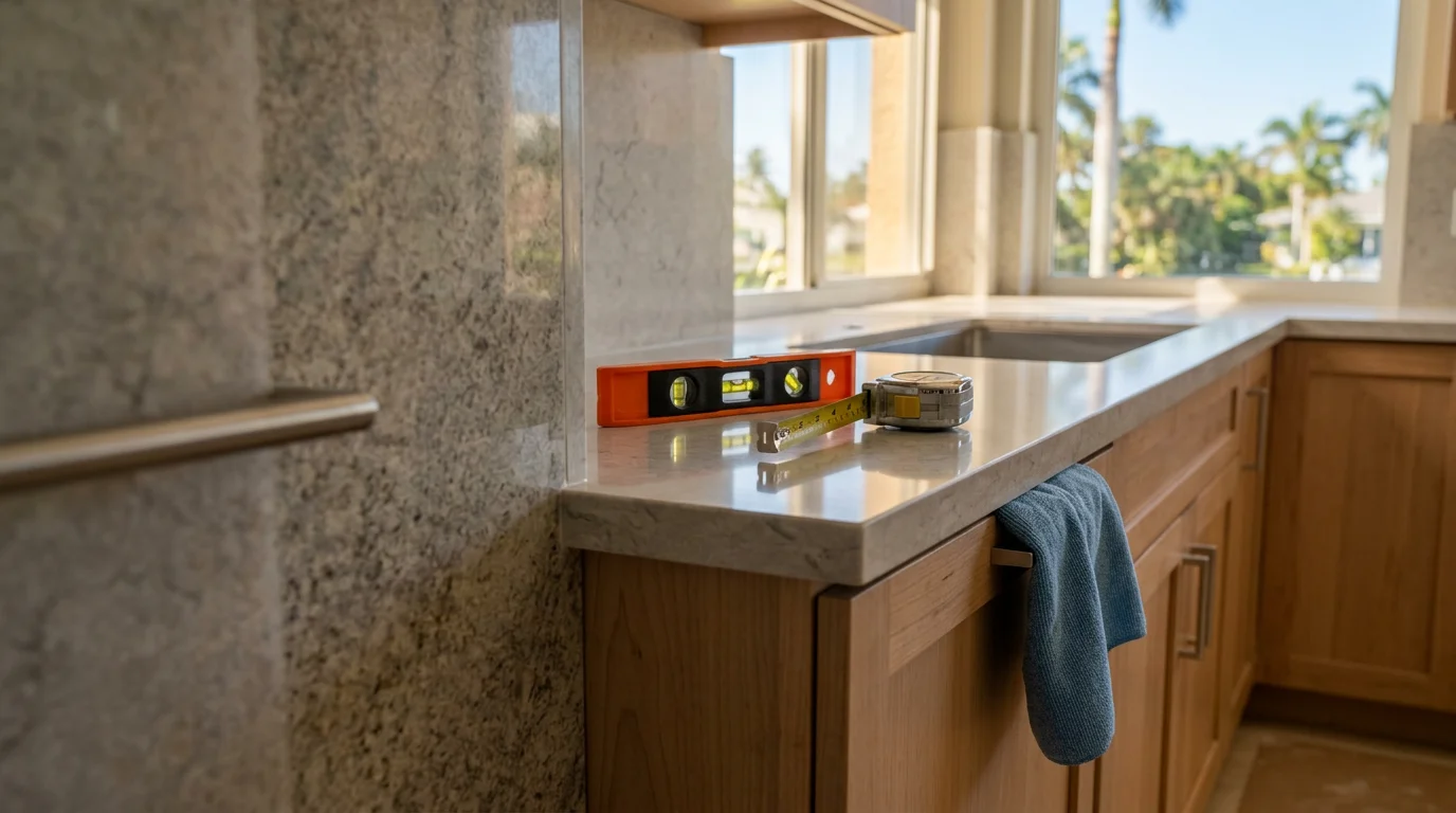 A newly installed kitchen countertop fitted to white cabinets in a West Palm Beach home, showing clean seams and a finished edge along the sink cutout.