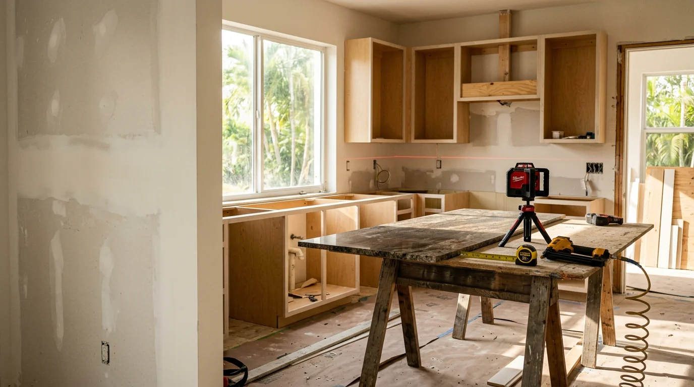 Finished kitchen remodel in a West Palm Beach single-family home showing an open layout with new cabinetry and updated countertops. The space reflects a full build-out suited to South Florida's coastal climate.